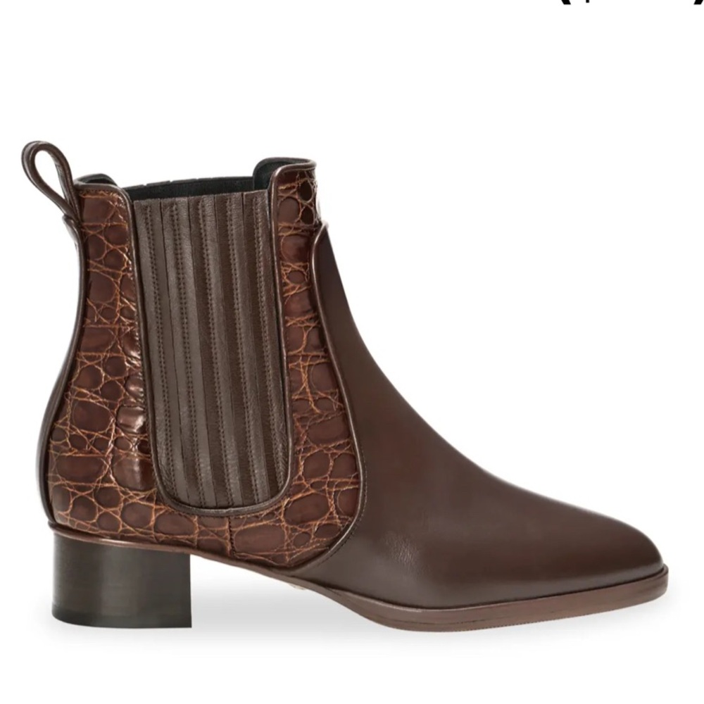 Sarah Flint Brown Leather Croc-Panel Chelsea Booties